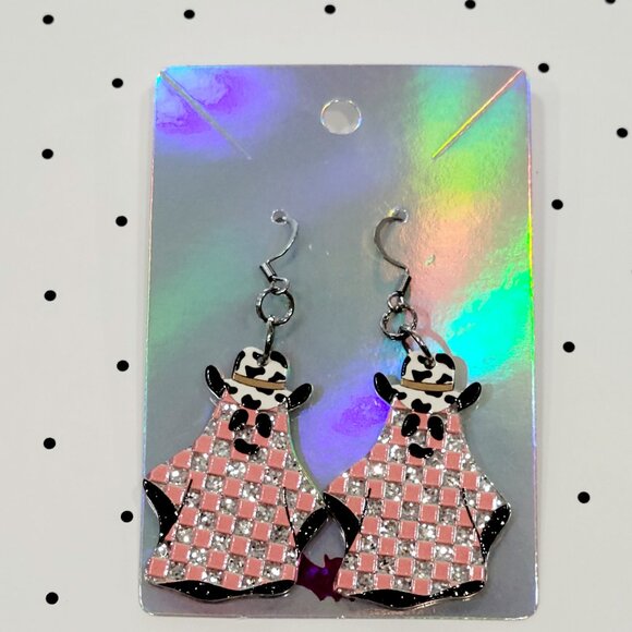 Pink Checkered Cowboy Ghost Earrings Stainless Steel Hooks Western Halloween NEW - Picture 7 of 7